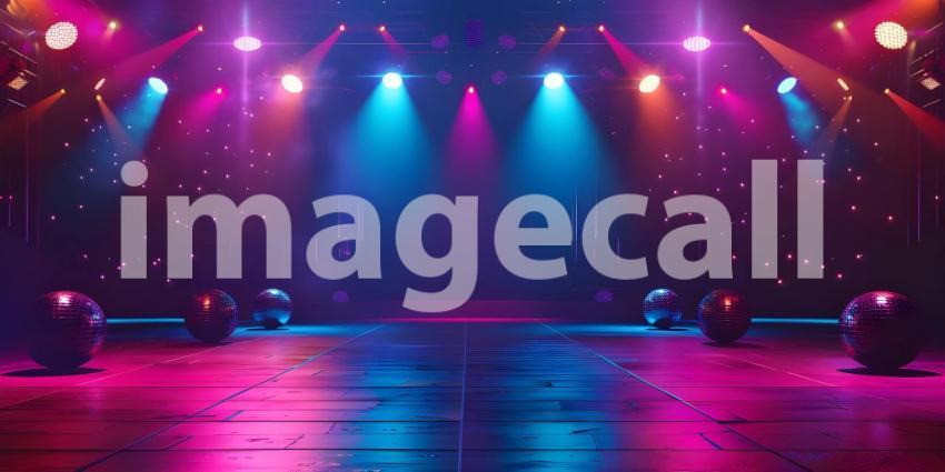 Empty dance floor of club stage under colorful spotlights, disco balls background - Ai Generated