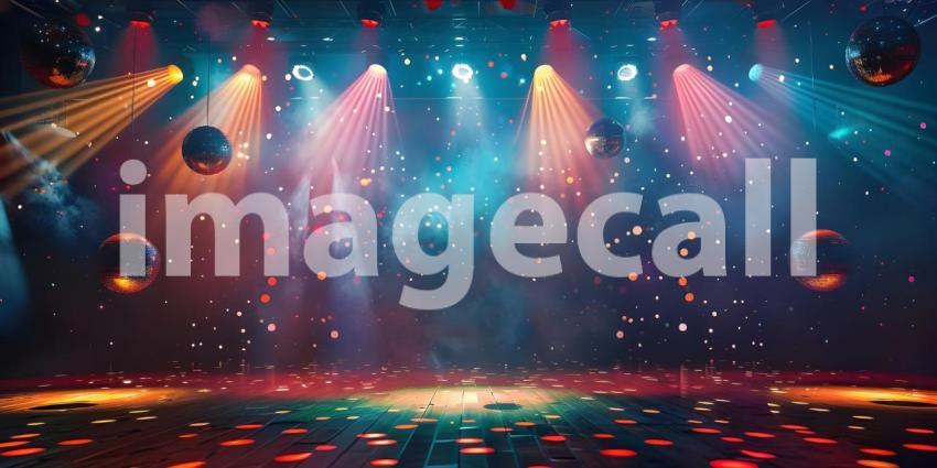 Empty dance floor of club stage under colorful spotlights, disco balls background - Ai Generated