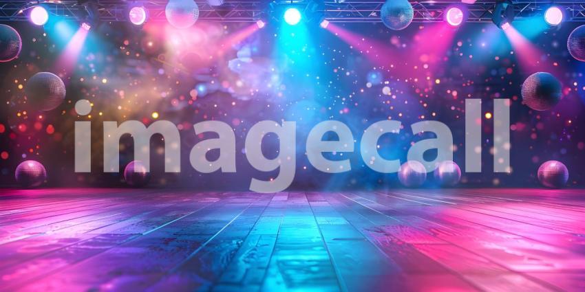 Empty dance floor of club stage under colorful spotlights, disco balls background - Ai Generated