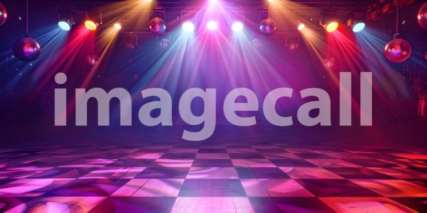Empty dance floor of club stage under colorful spotlights, disco balls background - Ai Generated