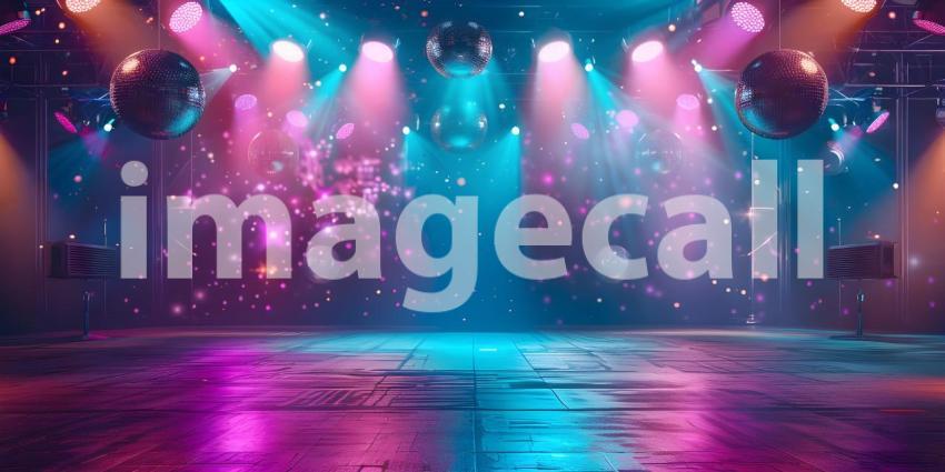 Empty dance floor of club stage under colorful spotlights, disco balls background - Ai Generated
