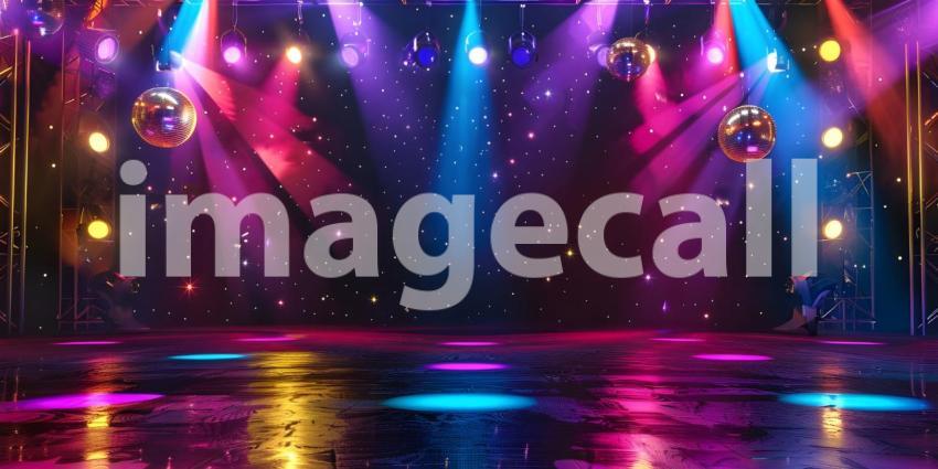 Empty dance floor of club stage under colorful spotlights, disco balls background - Ai Generated