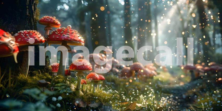 Fairy tale forest with magical Mushrooms background - Ai Generated