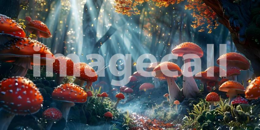 Fairy tale forest with magical Mushrooms background - Ai Generated