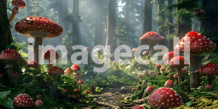 Fairy tale forest with magical Mushrooms background - Ai Generated