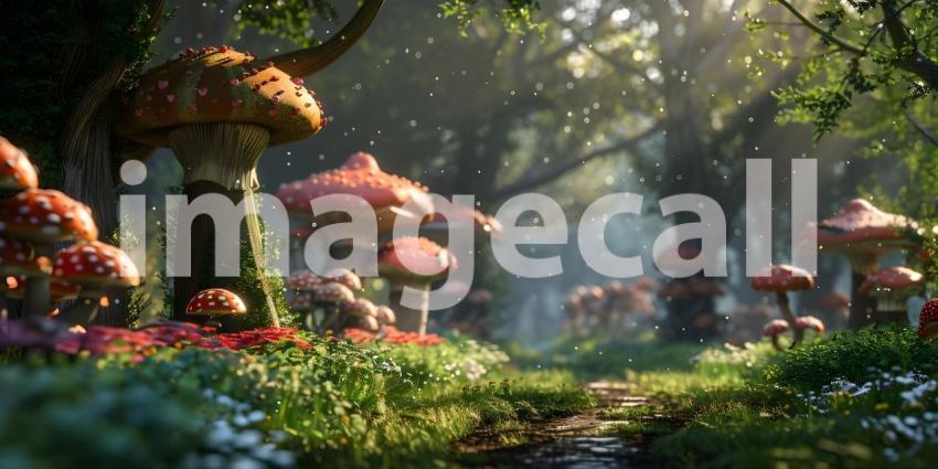 Fairy tale forest with magical Mushrooms background - Ai Generated