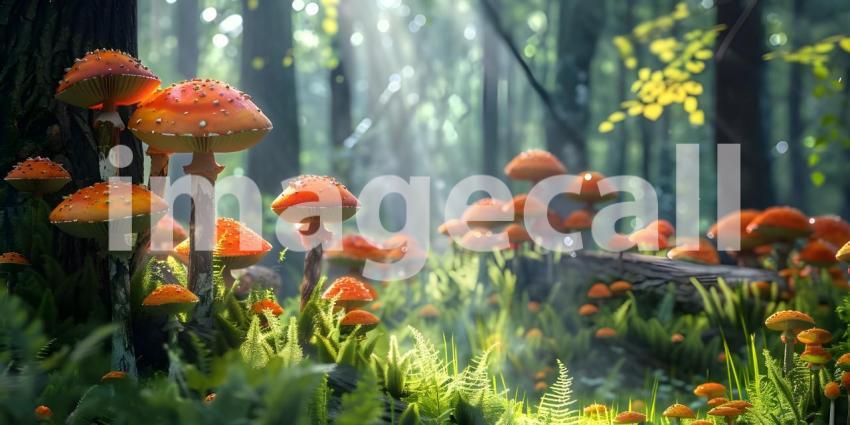 Fairy tale forest with magical Mushrooms background - Ai Generated