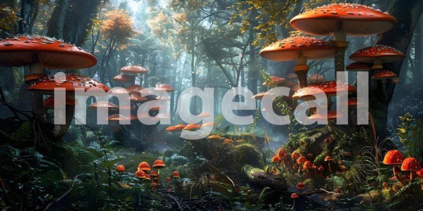 Fairy tale forest with magical Mushrooms background - Ai Generated
