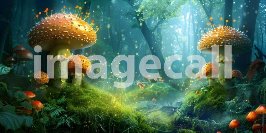 Fairy tale forest with magical Mushrooms background - Ai Generated