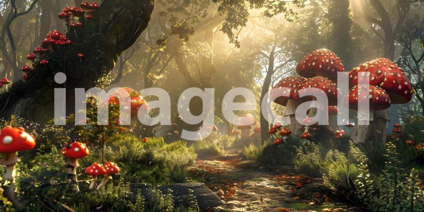 Fairy tale forest with magical Mushrooms background - Ai Generated
