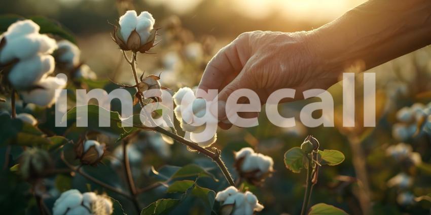 Farmer hand picking white boll of cotton background - Ai Generated