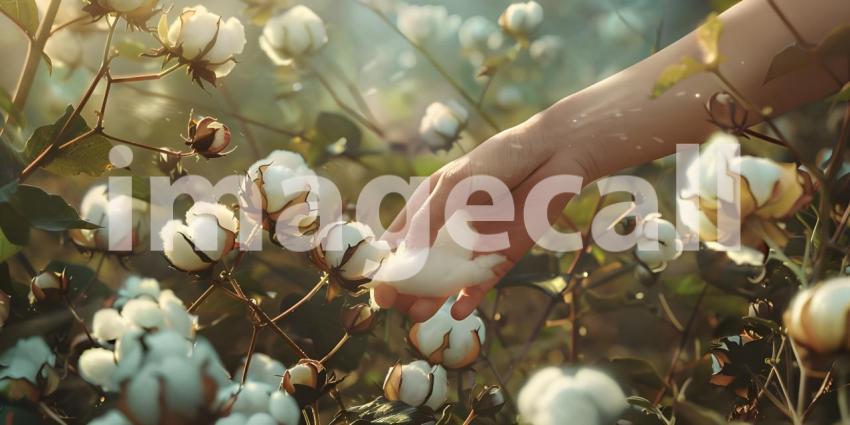 Farmer hand picking white boll of cotton background - Ai Generated