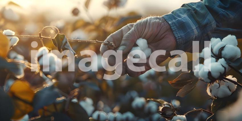 Farmer hand picking white boll of cotton background - Ai Generated