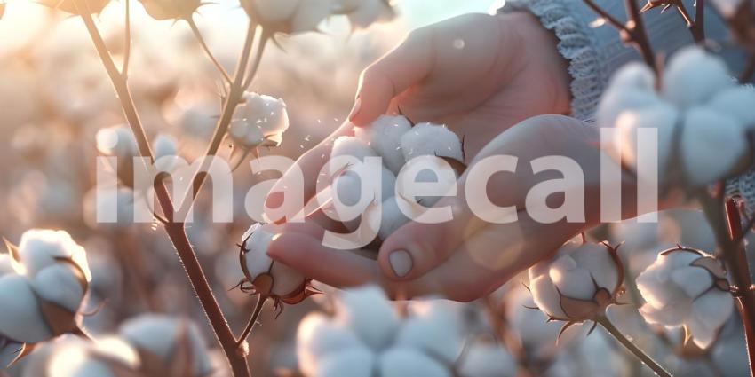 Farmer hand picking white boll of cotton background - Ai Generated