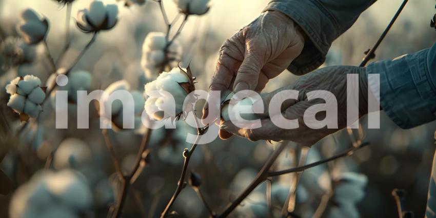 Farmer hand picking white boll of cotton background - Ai Generated