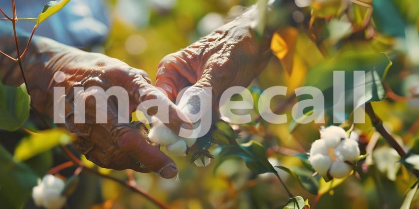 Farmer hand picking white boll of cotton background - Ai Generated