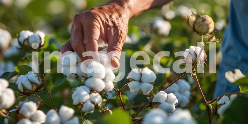 Farmer hand picking white boll of cotton background - Ai Generated