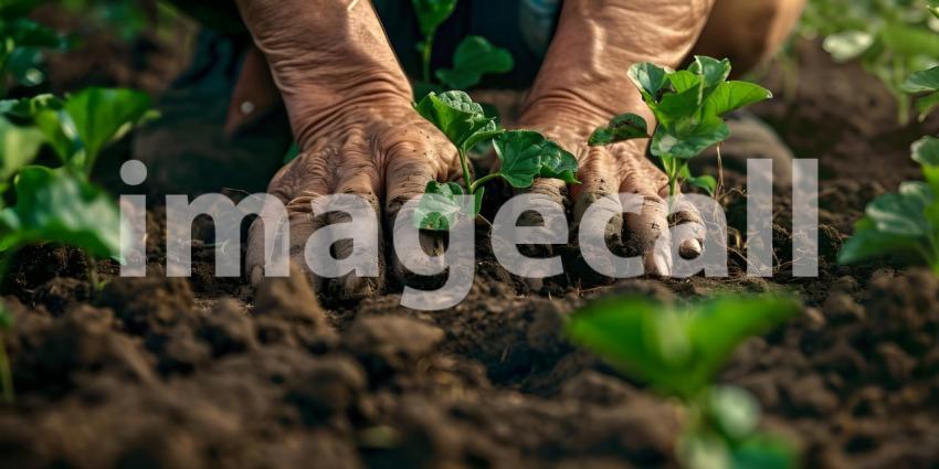 Farmer hands planting to soil background - Ai Generated