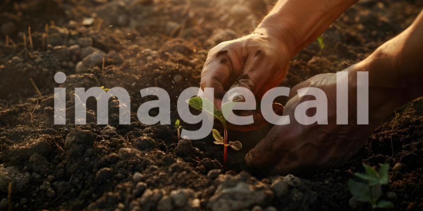 Farmer hands planting to soil background - Ai Generated