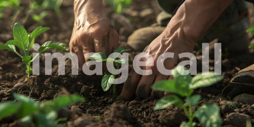 Farmer hands planting to soil background - Ai Generated