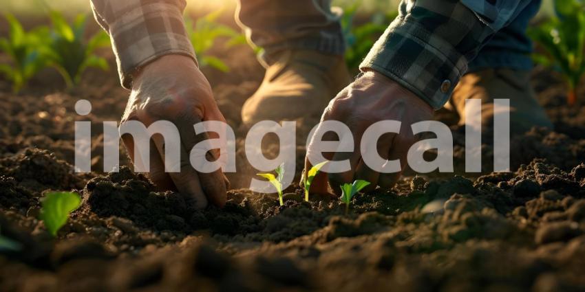 Farmer hands planting to soil background - Ai Generated