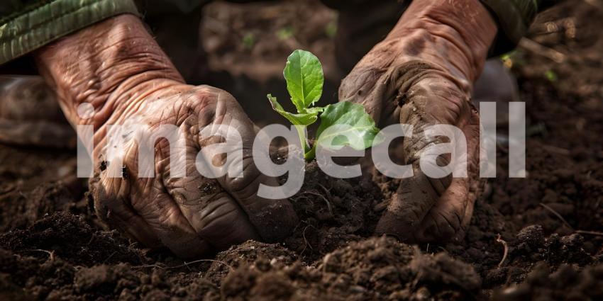 Farmer hands planting to soil background - Ai Generated