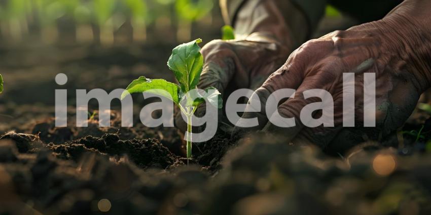Farmer hands planting to soil background - Ai Generated