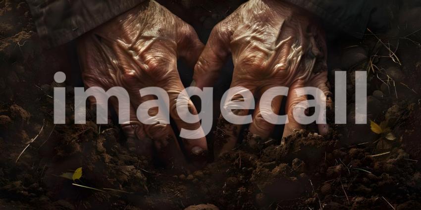 Farmer hands planting to soil background - Ai Generated