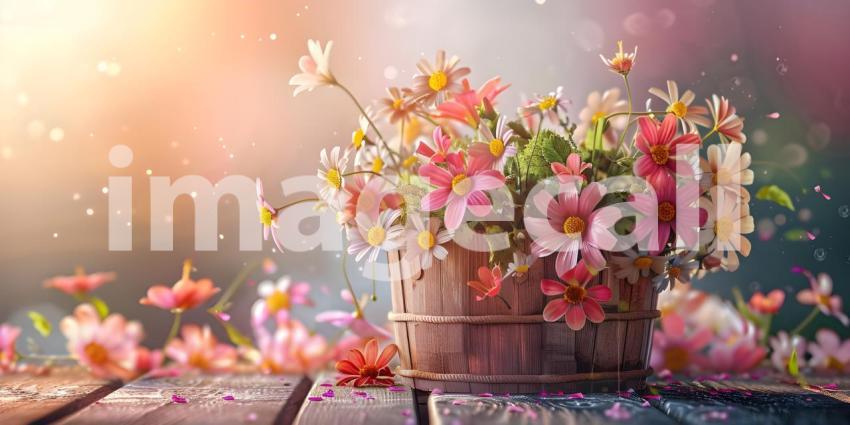 Flowers in wooden basket on solid spring background - Ai Generated