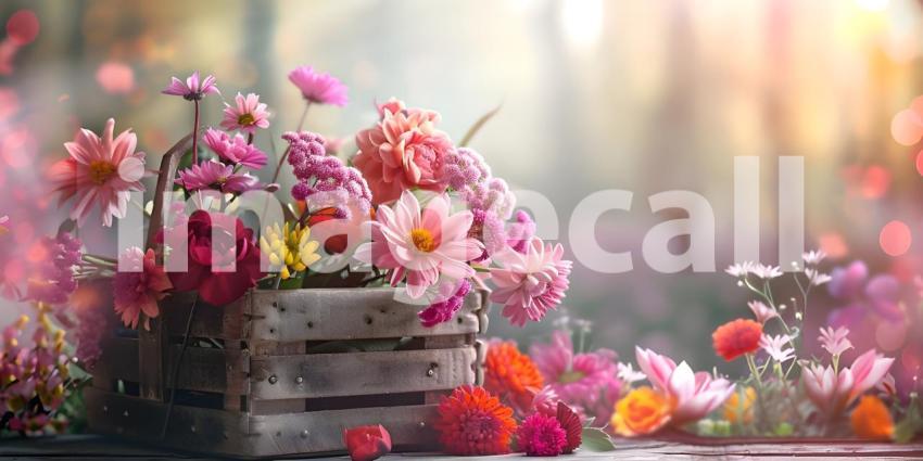 Flowers in wooden basket on solid spring background - Ai Generated