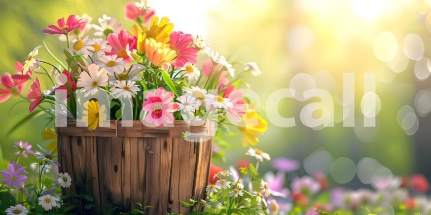 Flowers in wooden basket on solid spring background - Ai Generated