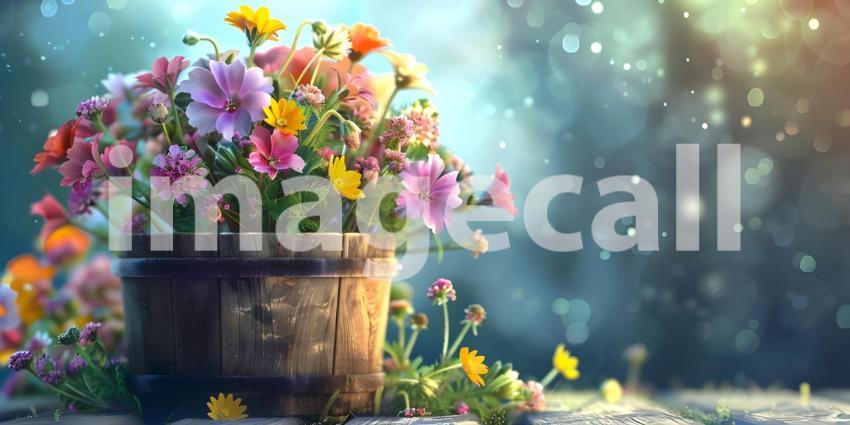 Flowers in wooden basket on solid spring background - Ai Generated