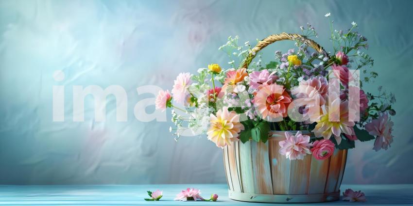 Flowers in wooden basket on solid spring background - Ai Generated