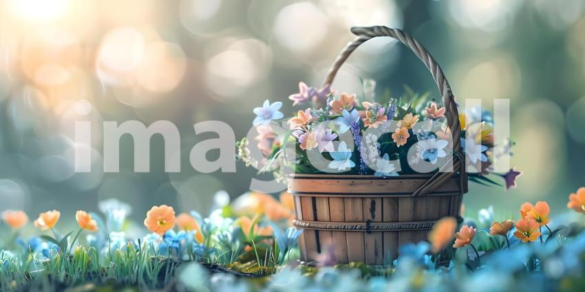 Flowers in wooden basket on solid spring background - Ai Generated