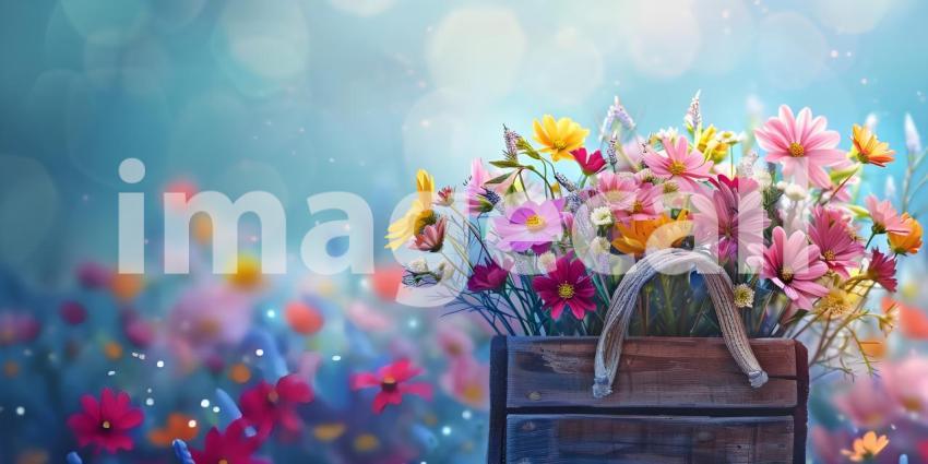 Flowers in wooden basket on solid spring background - Ai Generated