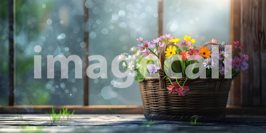 Flowers in wooden basket on solid spring background - Ai Generated