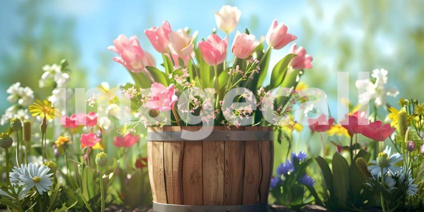 Flowers in wooden basket on solid spring background - Ai Generated