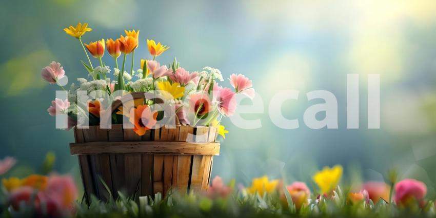 Flowers in wooden basket on solid spring background - Ai Generated