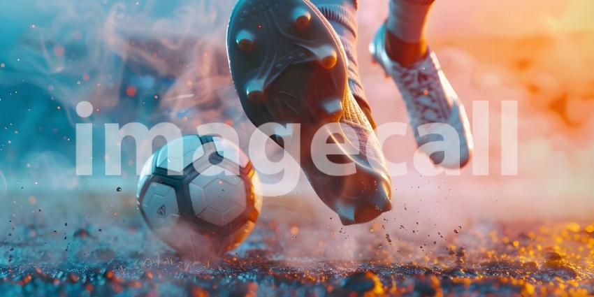 Football match scene with close up of a soccer shoe hitting the ball background - Ai Generated
