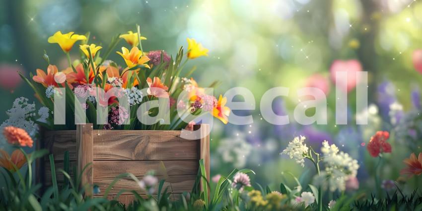 Flowers in wooden basket on solid spring background - Ai Generated