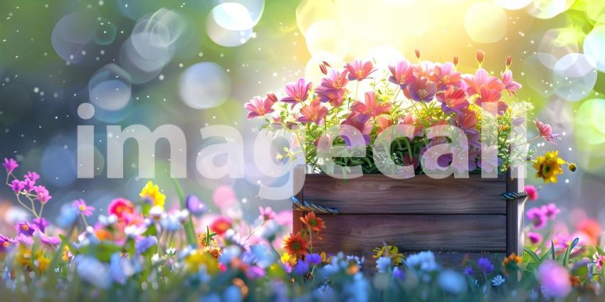 Flowers in wooden basket on solid spring background - Ai Generated