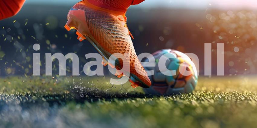 Football match scene with close up of a soccer shoe hitting the ball background - Ai Generated