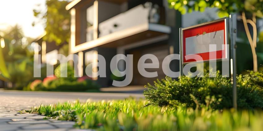 For sale sign board outside house background, House for sale concept - Ai Generated