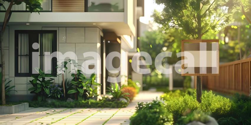 For sale sign board outside house background, House for sale concept - Ai Generated