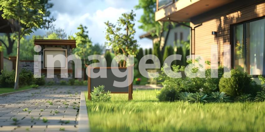 For sale sign board outside house background, House for sale concept - Ai Generated