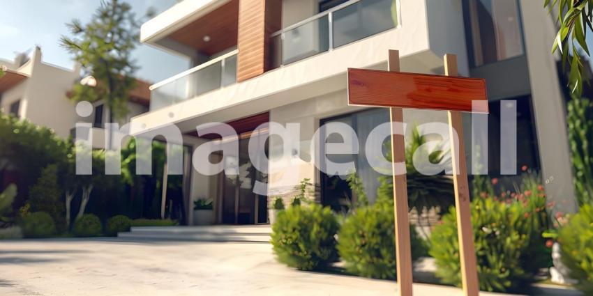 For sale sign board outside house background, House for sale concept - Ai Generated
