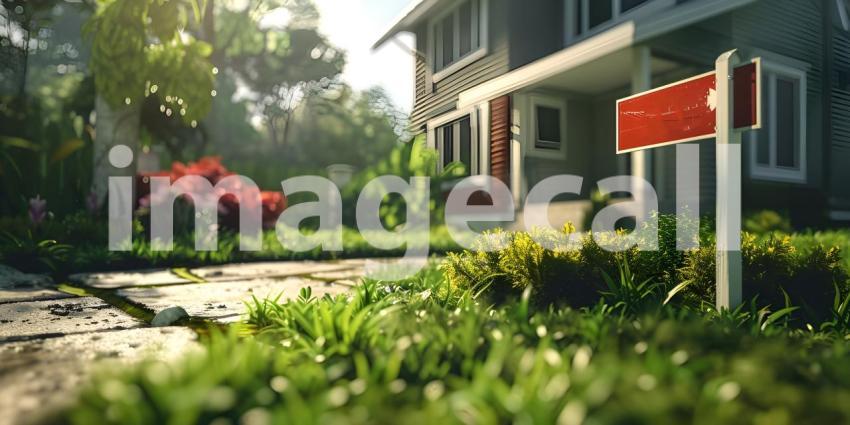 For sale sign board outside house background, House for sale concept - Ai Generated
