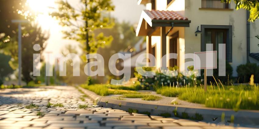 For sale sign board outside house background, House for sale concept - Ai Generated