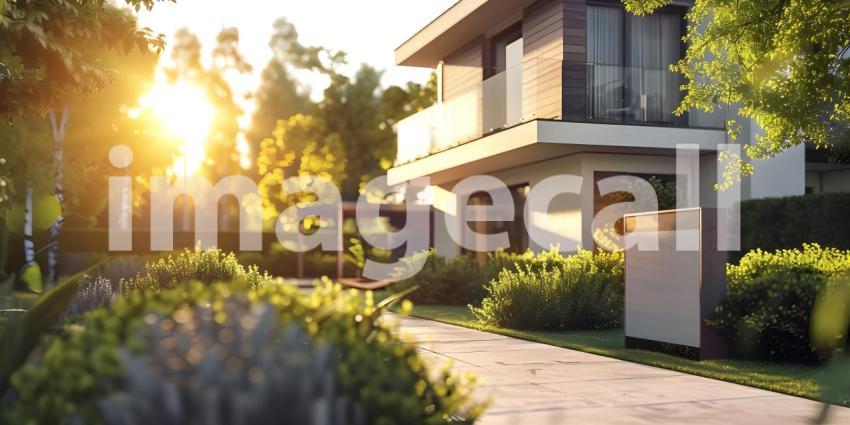 For sale sign board outside house background, House for sale concept - Ai Generated