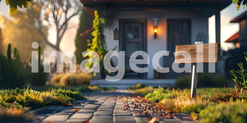 For sale sign board outside house background, House for sale concept - Ai Generated